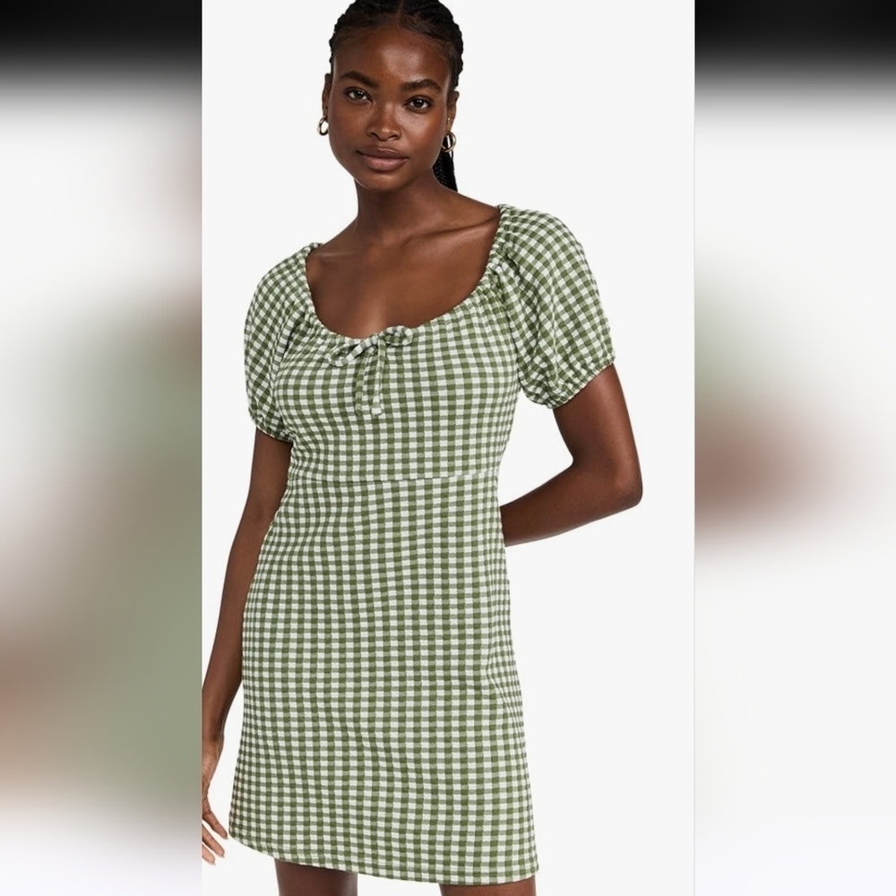 Madewell Jacquard Puff-Sleeve Mini Dress in Gingham Check Faded Palm Size XS